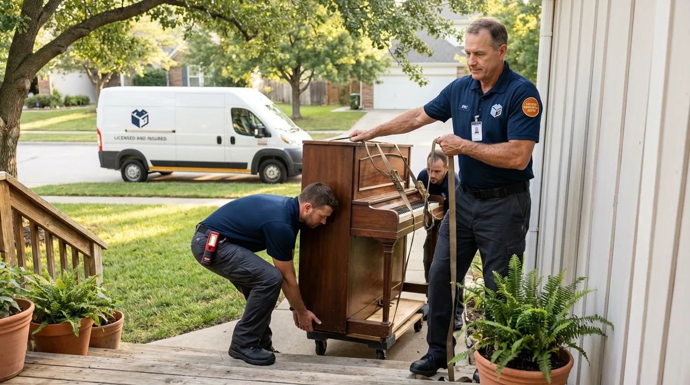 Licensed piano movers securing grand piano in Dublin, NH