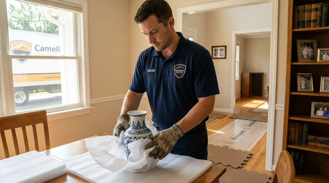Professional crew carefully wrapping antique vase for senior downsizing move in Dublin, NH